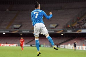 Napoli-Brugge esultanza quinto gol Callejon