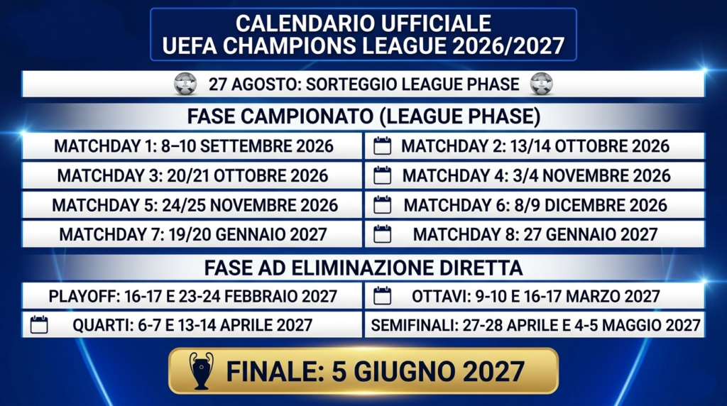 calendario Champions 2026/27 | PianetAzzurro.it, aggiornamenti costanti sul Calcio Napoli e sul mondo del betting